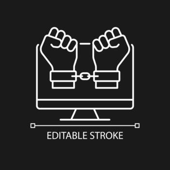 hacker atrapando un icono lineal blanco para el tema oscuro. arrestado por fraude. ilustración personalizable de línea delgada. símbolo de contorno vectorial aislado para el modo nocturno. trazo editable. fuente arial utilizada vector