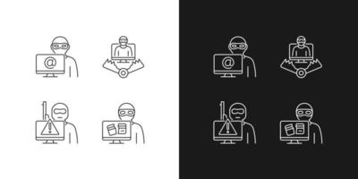 Cyber attacker linear icons set for dark and light mode. Cyberterrorism. Cybercriminal trap. Computer disruption. Customizable thin line symbols. Isolated vector outline illustrations. Editable stroke
