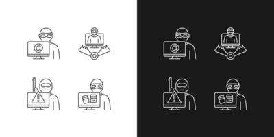 Cyber attacker linear icons set for dark and light mode. Cyberterrorism. Cybercriminal trap. Computer disruption. Customizable thin line symbols. Isolated vector outline illustrations. Editable stroke