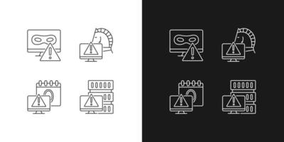 Computer system attacks linear icons set for dark and light mode. Trojan horse and rootkit. Computer disruption. Customizable thin line symbols. Isolated vector outline illustrations. Editable stroke