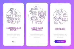 Positive automation impact purple gradient onboarding mobile app screen. Walkthrough 3 steps graphic instructions pages with linear concepts. UI, UX, GUI template. Myriad Pro-Bold, Regular fonts used vector