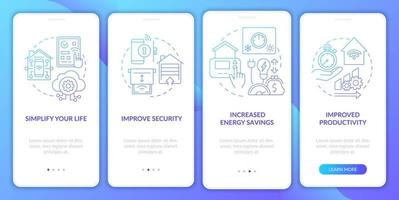 Reasons for home automation blue gradient onboarding mobile app screen. Walkthrough 4 steps graphic instructions pages with linear concepts. UI, UX, GUI template. Myriad Pro-Bold, Regular fonts used vector