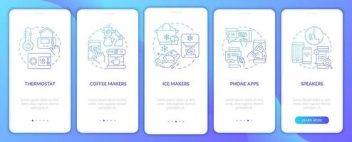 Examples of daily automation blue gradient onboarding mobile app screen. Walkthrough 5 steps graphic instructions pages with linear concepts. UI, UX, GUI template. Myriad Pro-Bold, Regular fonts used vector