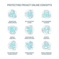 Privacidad segura en el conjunto de iconos de concepto de Internet. datos personales idea de seguridad en Internet ilustraciones en color de línea delgada. consejos para guardar información de los piratas informáticos. dibujos de contorno aislados vectoriales vector