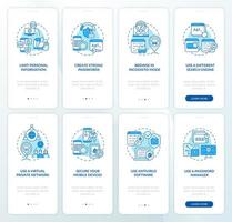 Protecting data online tips set onboarding mobile app page screen. Safe data walkthrough eight steps graphic instructions with concepts. UI, UX, GUI vector template with linear color illustrations