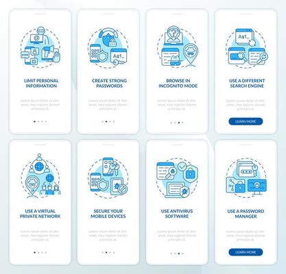 Protecting data online tips set onboarding mobile app page screen. Safe data walkthrough eight steps graphic instructions with concepts. UI, UX, GUI vector template with linear color illustrations
