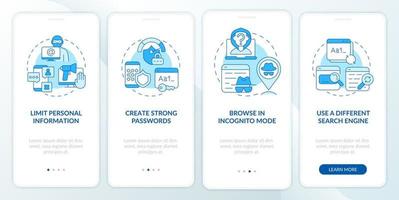 Internet browsing safety tips onboarding mobile app page screen. Data protection walkthrough eight four graphic instructions with concepts. UI, UX, GUI vector template with linear color illustrations