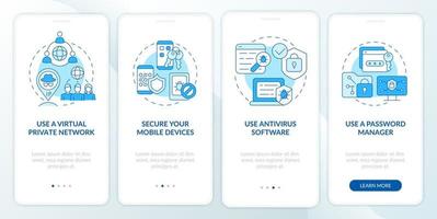 Personal info protection tips onboarding mobile app page screen. Internet safety walkthrough four steps graphic instructions with concepts. UI, UX, GUI vector template with linear color illustrations