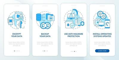 Online surfing safety tips onboarding mobile app page screen. Data protection walkthrough four steps graphic instructions with concepts. UI, UX, GUI vector template with linear color illustrations