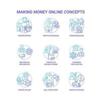 Making money online blue gradient concept icons set. Digital entrepreneurship idea thin line color illustrations. Invest in stocks. Print on demand. Dropshipping. Vector isolated outline drawings