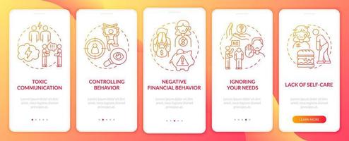 Abuse signs onboarding mobile app page screen. Ignoring partner. Toxic communication walkthrough 5 steps graphic instructions with concepts. UI, UX, GUI vector template with linear color illustrations