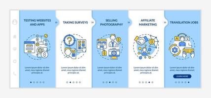 cómo obtener ganancias en la plantilla de vector de incorporación en línea. sitio web móvil sensible con iconos. Tutorial de página web Pantallas de 5 pasos. concepto de color de marketing de afiliación con ilustraciones lineales