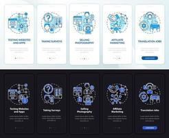 Online profitmaking onboarding mobile app page screen. Taking surveys walkthrough 5 steps graphic instructions with concepts. UI, UX, GUI vector template with linear night and day mode illustrations