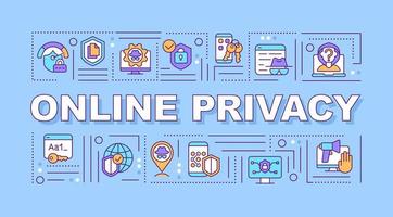 Banner de conceptos de palabras de privacidad y protección de datos en línea. infografías con iconos lineales sobre fondo azul. tipografía creativa aislada. ilustración de color de contorno vectorial con texto vector