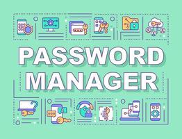 Password manager protecting information word concepts banner. Infographics with linear icons on green background. Isolated creative typography. Vector outline color illustration with text