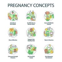 Pregnancy concept icons set. Expecting mother needs idea thin line color illustrations. Go with her to doctor visit. Childbirth class. Show affection. Vector isolated outline drawings. Editable stroke