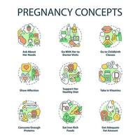 Pregnancy concept icons set. Expecting mother needs idea thin line color illustrations. Go with her to doctor visit. Childbirth class. Show affection. Vector isolated outline drawings. Editable stroke