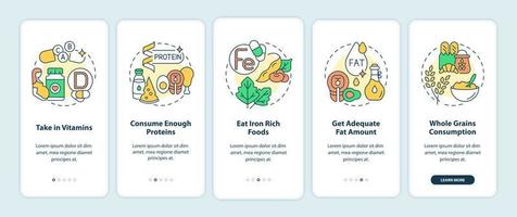 pantalla de la página de la aplicación móvil de incorporación de la dieta del embarazo. Instrucciones gráficas de 5 pasos para tomar vitaminas y proteínas con conceptos. ui, ux, plantilla vectorial gui con ilustraciones en color lineal vector