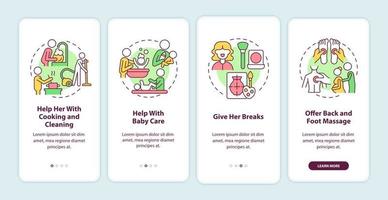 Partner care during pregnancy onboarding mobile app page screen. Help with chores walkthrough 4 steps graphic instructions with concepts. UI, UX, GUI vector template with linear color illustrations