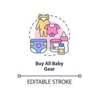 Buy all baby gear concept icon. Preparing for baby abstract idea thin line illustration. Kids clothing. Purchasing infant equipment, accessories. Vector isolated outline color drawing. Editable stroke