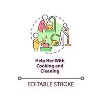 Help her with cooking and cleaning concept icon. Partner support during pregnancy abstract idea thin line illustration. Household chores. Vector isolated outline color drawing. Editable stroke