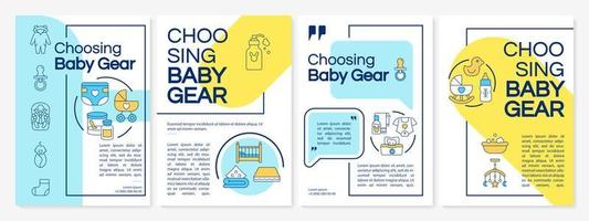 Buying baby gear brochure template. Select safe stuff for newborn. Flyer, booklet, leaflet print, cover design with linear icons. Vector layouts for presentation, annual reports, advertisement pages