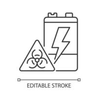 Battery toxicity linear icon. Soil and water pollution. Accumulator hazardous chemicals leak. Thin line customizable illustration. Contour symbol. Vector isolated outline drawing. Editable stroke