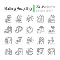 Battery recycling linear icons set. Discharged accumulator reuse. Electronic waste recovery. Customizable thin line contour symbols. Isolated vector outline illustrations. Editable stroke