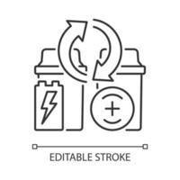 Battery recycling station linear icon. E-waste processing point. Old accumulator resource reuse. Thin line customizable illustration. Contour symbol. Vector isolated outline drawing. Editable stroke