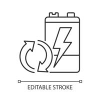 Recyclable battery linear icon. Reuse old accumulators. Valuable materials recovery. Thin line customizable illustration. Contour symbol. Vector isolated outline drawing. Editable stroke