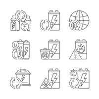 Battery reuse linear icons set. Recyclable electronic waste. Accumulator recycling. Correct disposal. Customizable thin line contour symbols. Isolated vector outline illustrations. Editable stroke