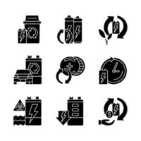 Battery processing black glyph icons set on white space. Accumulators and energy cells reuse. Recycling technology. E-waste correct disposal. Silhouette symbols. Vector isolated illustration