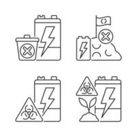 Improper battery disposal linear icons set. E-waste prohibited landfill. Accumulator toxicity and harm. Customizable thin line contour symbols. Isolated vector outline illustrations. Editable stroke