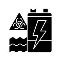 Battery water contamination threat black glyph icon. Hazardous chemicals and acids leak. Groundwater and soil pollution. Ecosystem harm. Silhouette symbol on white space. Vector isolated illustration