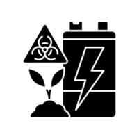 Battery soil contamination threat black glyph icon. Heavy metal ground pollution. Accumulator corrosion harm. Electronic waste landfill. Silhouette symbol on white space. Vector isolated illustration