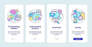 Neuromarketing principles onboarding mobile app page screen. Psychology of habits walkthrough 4 steps graphic instructions with concepts. UI, UX, GUI vector template with linear color illustrations