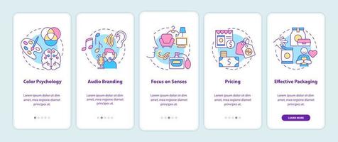 Examples of neuromarketing onboarding mobile app page screen. Color psychology walkthrough 5 steps graphic instructions with concepts. UI, UX, GUI vector template with linear color illustrations