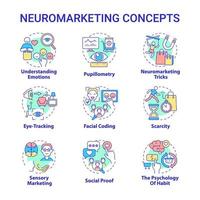 conjunto de iconos de concepto de neuromarketing. neurociencia y psicología. mercadeo sensorial. comportamiento del cliente idea de seguimiento ilustraciones en color de línea delgada. dibujos de contorno aislados vectoriales. trazo editable vector