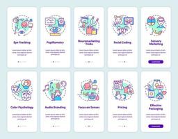 Neuromarketing onboarding mobile app page screen. Psychological marketing tricks walkthrough 5 steps graphic instructions with concepts. UI, UX, GUI vector template with linear color illustrations