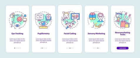 técnicas de neuromarketing que incorporan la pantalla de la página de la aplicación móvil. tutorial de seguimiento ocular 5 pasos instrucciones gráficas con conceptos. ui, ux, plantilla vectorial gui con ilustraciones en color lineal vector