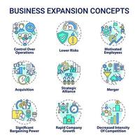 Business expansion concept icons set. Company growth and development idea thin line color illustrations. Merger and acquisition. Market competition. Vector isolated outline drawings. Editable stroke