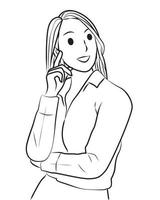 a girl think smart pose line vector cartoon illustration