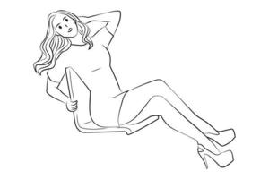 Hot model girl sitting pose line vector illustration