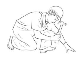 Construction worker use hammer line art vector illustration