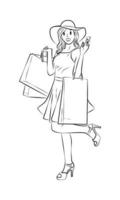 feminime pose shopping girl full body carry shopping bag line art vector illustration