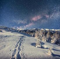 cielo estrellado en la noche de invierno cubierto de nieve. fantástica vía láctea foto