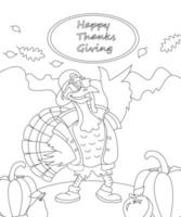 Turkey Happy thanksgiving Coloring page. Black and white vector illustration.