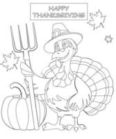 Turkey Happy thanksgiving Coloring page. Black and white vector illustration.