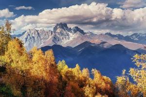 Autumn landscape and snowy mountain peaks. photo