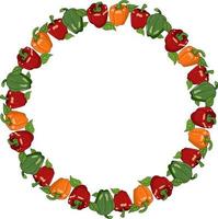 Round frame with bell peppers. Wreath with red, yellow and green sweet pepper on white background for your design